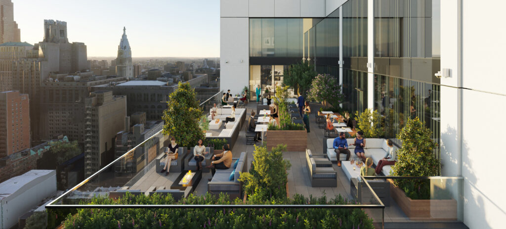 A rendering of the rooftop lounge with couches, chairs, firepits, and greenery