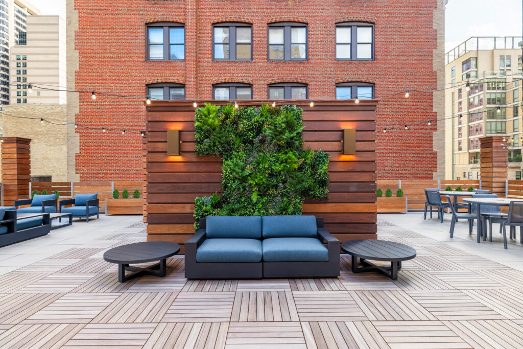 The Sansom rooftop with views of Center City Philadelphia and comfortable seating