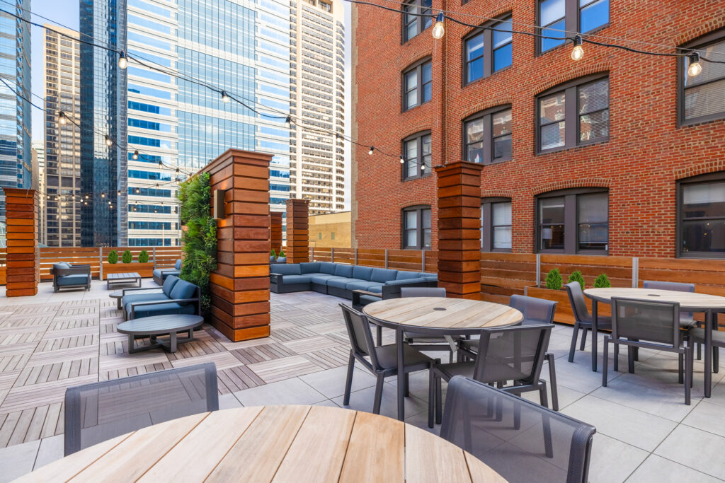 Beautiful new rooftop lounge in Center City Philadelphia at The Sansom apartments. Many seating options and views of Philly. 