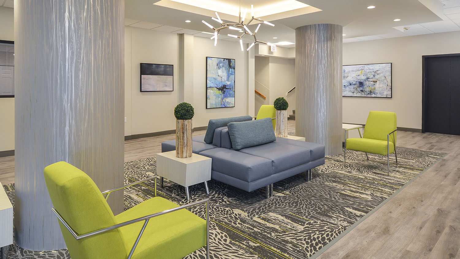 The Helston lobby with colorful seating and decorations